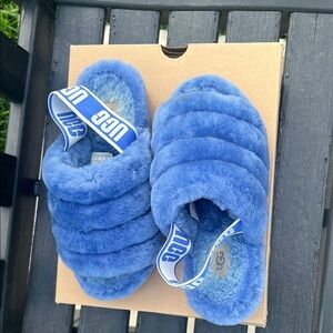UGG Plush Blue Slides with Logo Strap